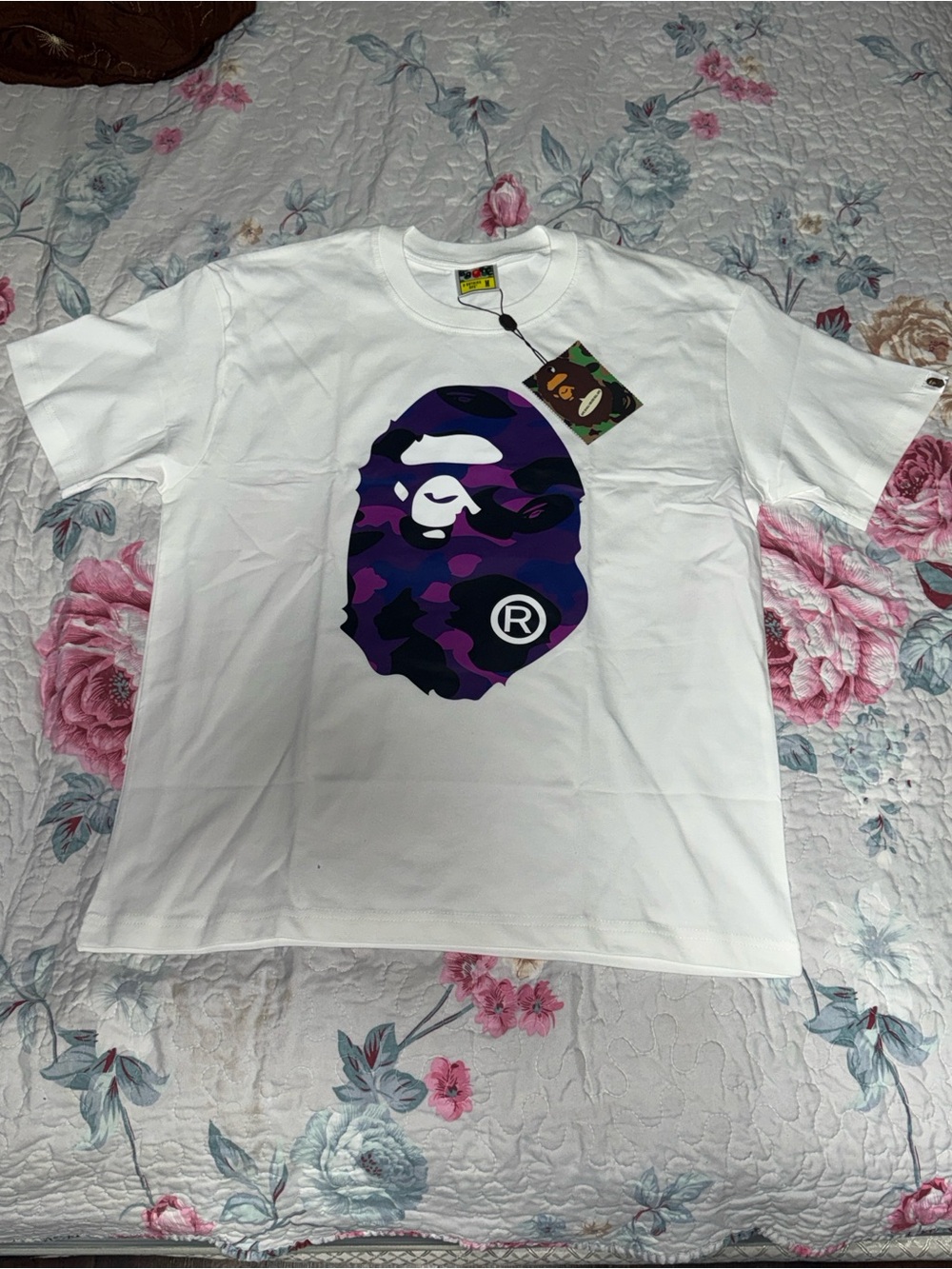 Bape White Tee with Purple Camo Ape Head